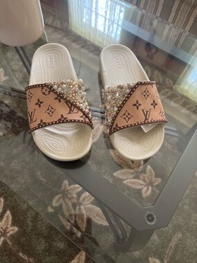 CROCS White Sandal Slides with Brown Monogram and Iridescent Beading